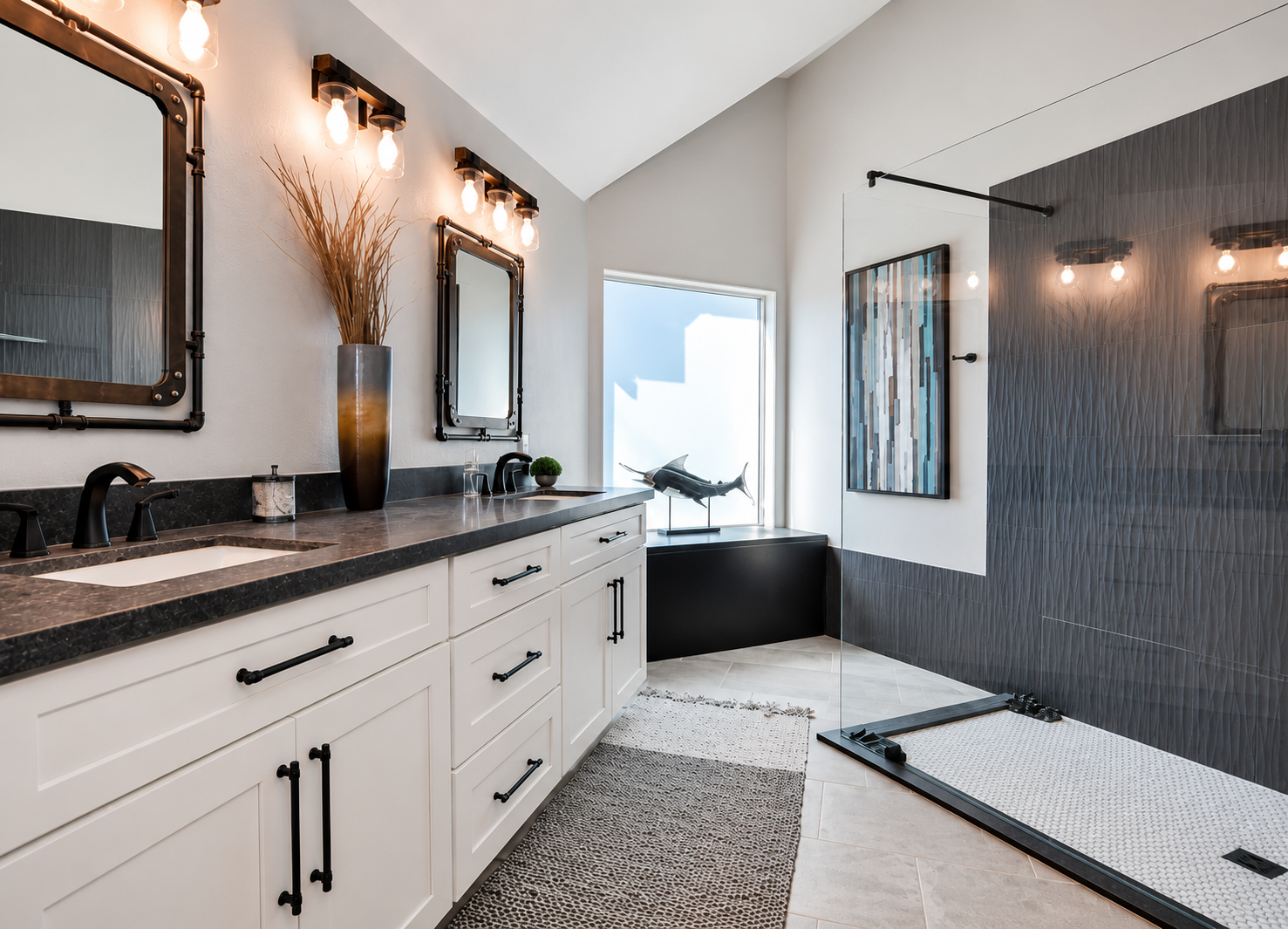Bathroom Remodel by Masons Quality Construction Texas City Modern bathroom remodel featuring a custom white shaker vanity, black fixtures, quartz countertop, and frameless glass walk-in shower