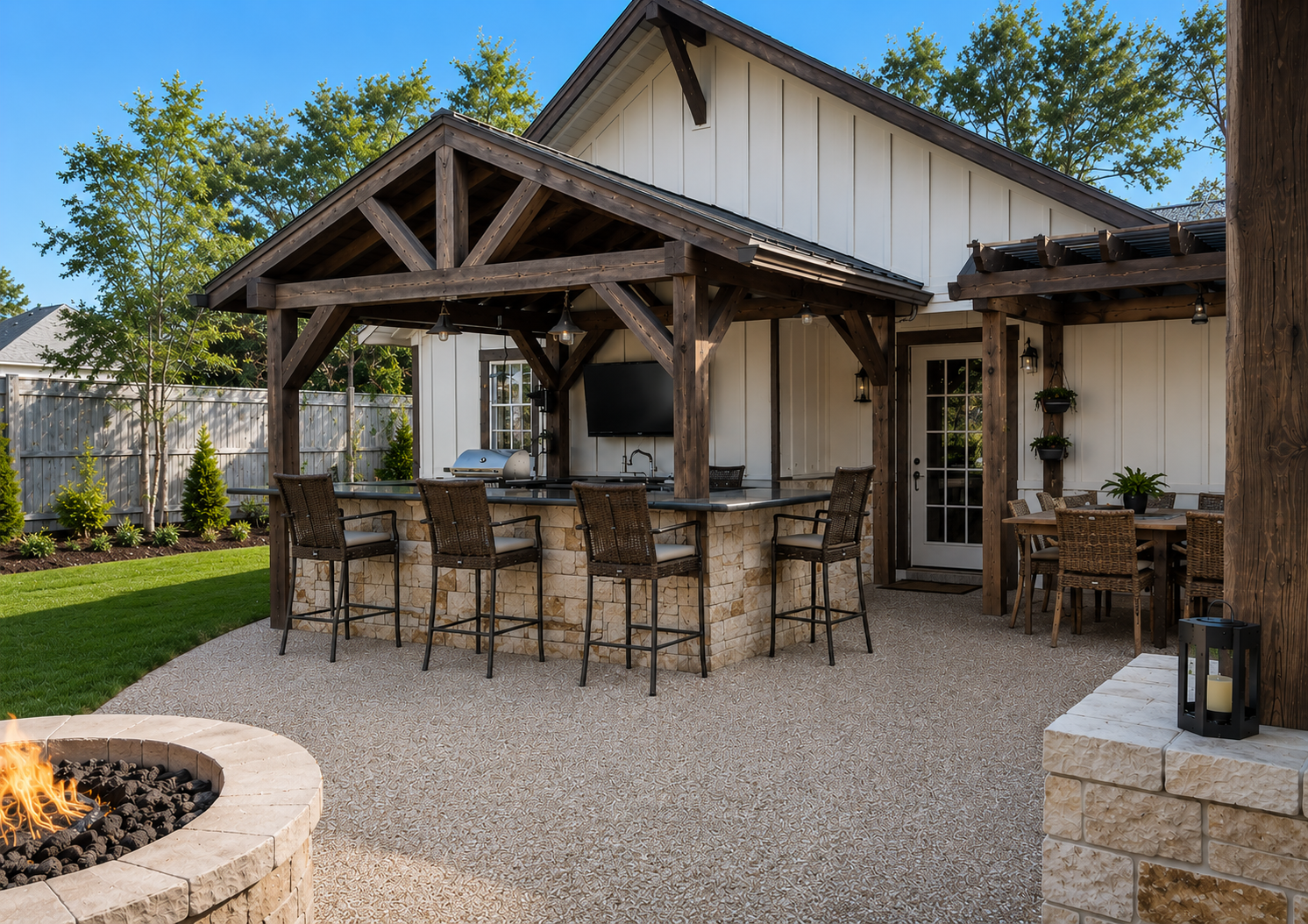 Outdoor Living by Masons Quality Construction Company Texas City Custom outdoor living space with covered patio, outdoor kitchen, bar seating, and timber pavilion by Mason's Quality Construction Company