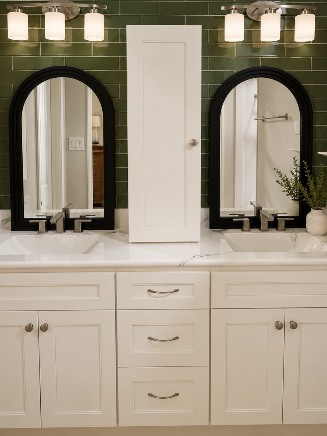 Custom bathroom remodel featuring a white double vanity, green subway tile accent wall, arched mirrors, and quartz countertop completed by Mason's Quality Construction