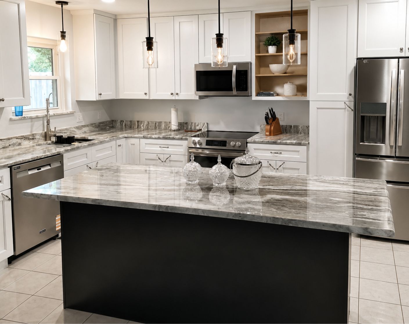Custom kitchen remodel featuring white shaker cabinets, a large quartz waterfall-style island, stainless steel appliances, and modern pendant lighting completed by Mason's Quality Construction