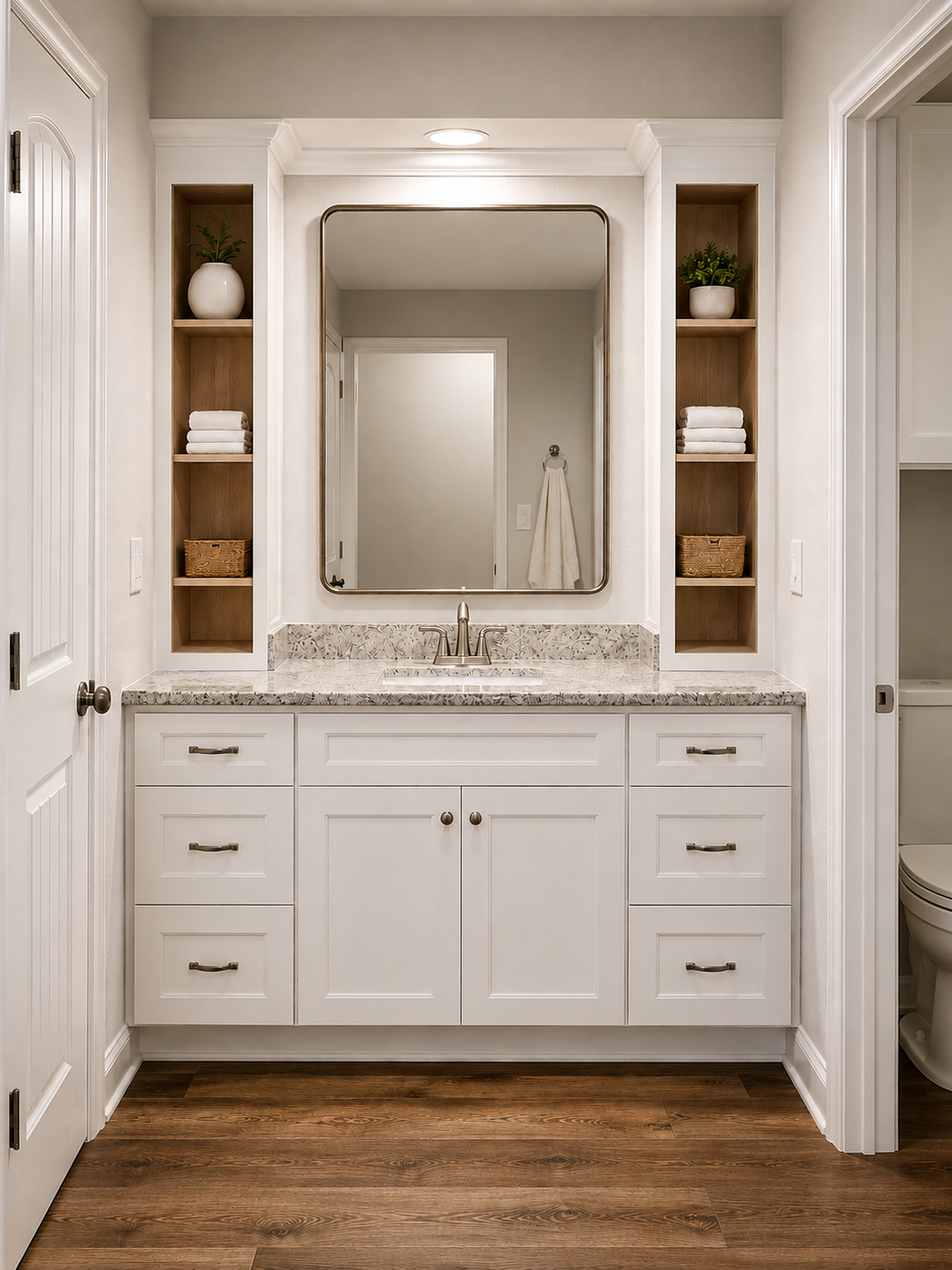 Custom bathroom vanity remodel featuring white shaker cabinetry, quartz countertop, built-in storage niches by Mason's Quality Construction